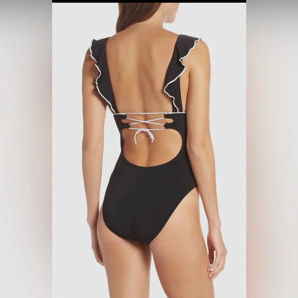 Robin Piccone Women's Black Malia Ruffle Plunge One-Piece Swimsuit Size 10 - Picture 2 of 5